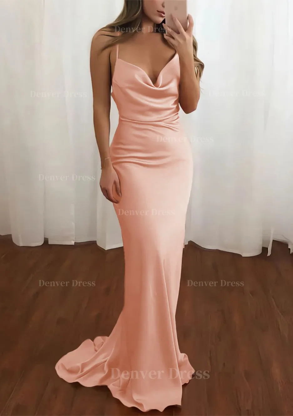 Sheath/Column Cowl Neck Spaghetti Straps Sweep Train Satin Prom Dress