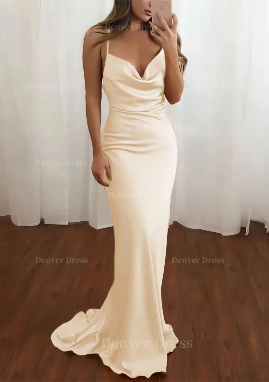 Sheath/Column Cowl Neck Spaghetti Straps Sweep Train Satin Prom Dress