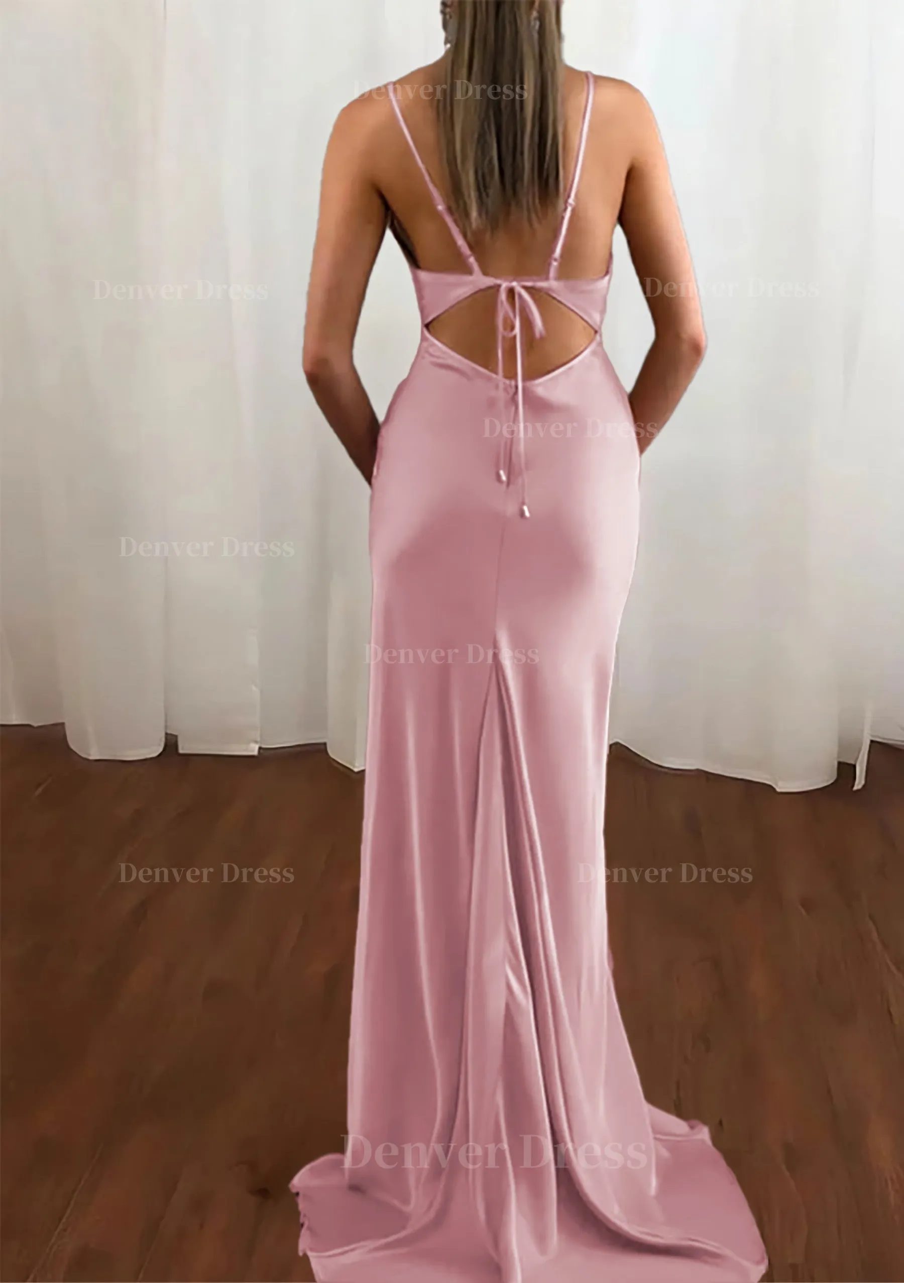 Sheath/Column Cowl Neck Spaghetti Straps Sweep Train Satin Prom Dress