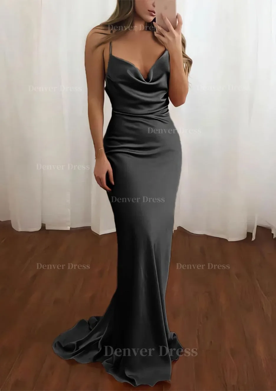 Sheath/Column Cowl Neck Spaghetti Straps Sweep Train Satin Prom Dress