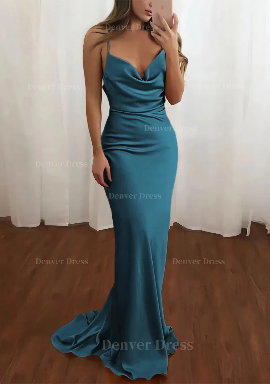 Sheath/Column Cowl Neck Spaghetti Straps Sweep Train Satin Prom Dress