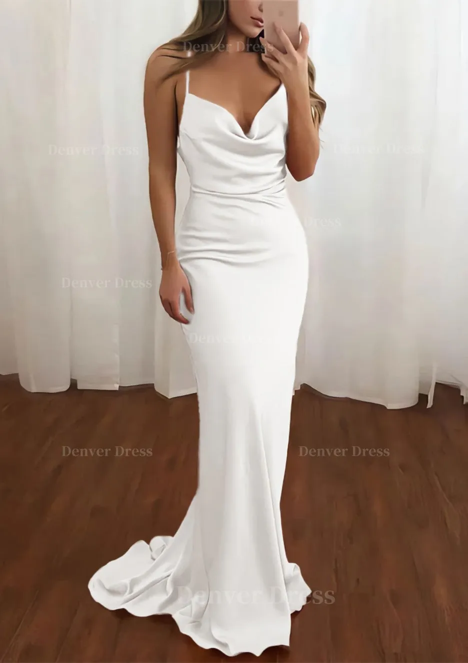 Sheath/Column Cowl Neck Spaghetti Straps Sweep Train Satin Prom Dress