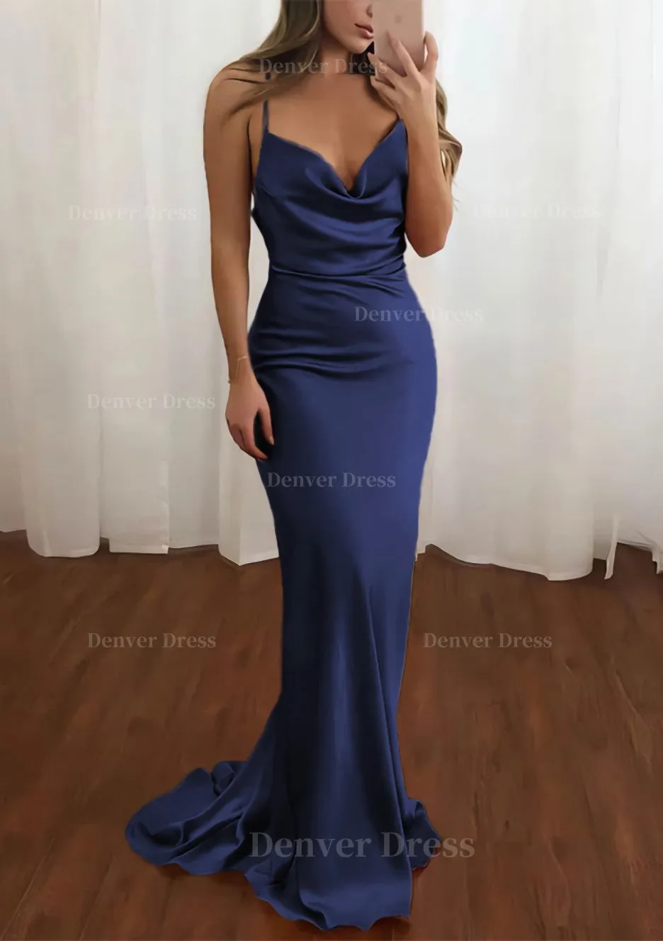 Sheath/Column Cowl Neck Spaghetti Straps Sweep Train Satin Prom Dress