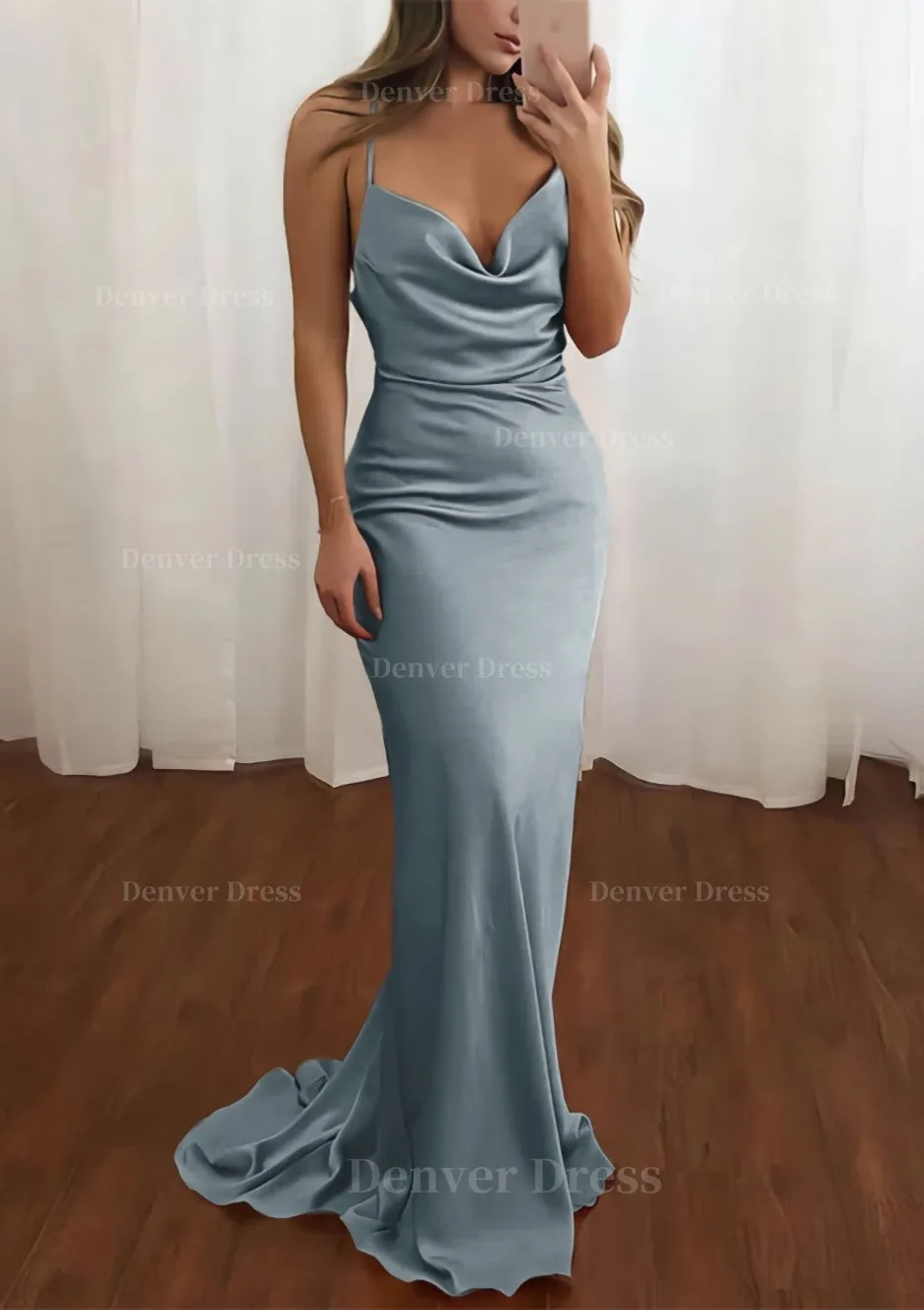 Sheath/Column Cowl Neck Spaghetti Straps Sweep Train Satin Prom Dress