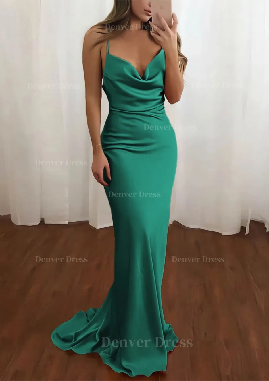 Sheath/Column Cowl Neck Spaghetti Straps Sweep Train Satin Prom Dress