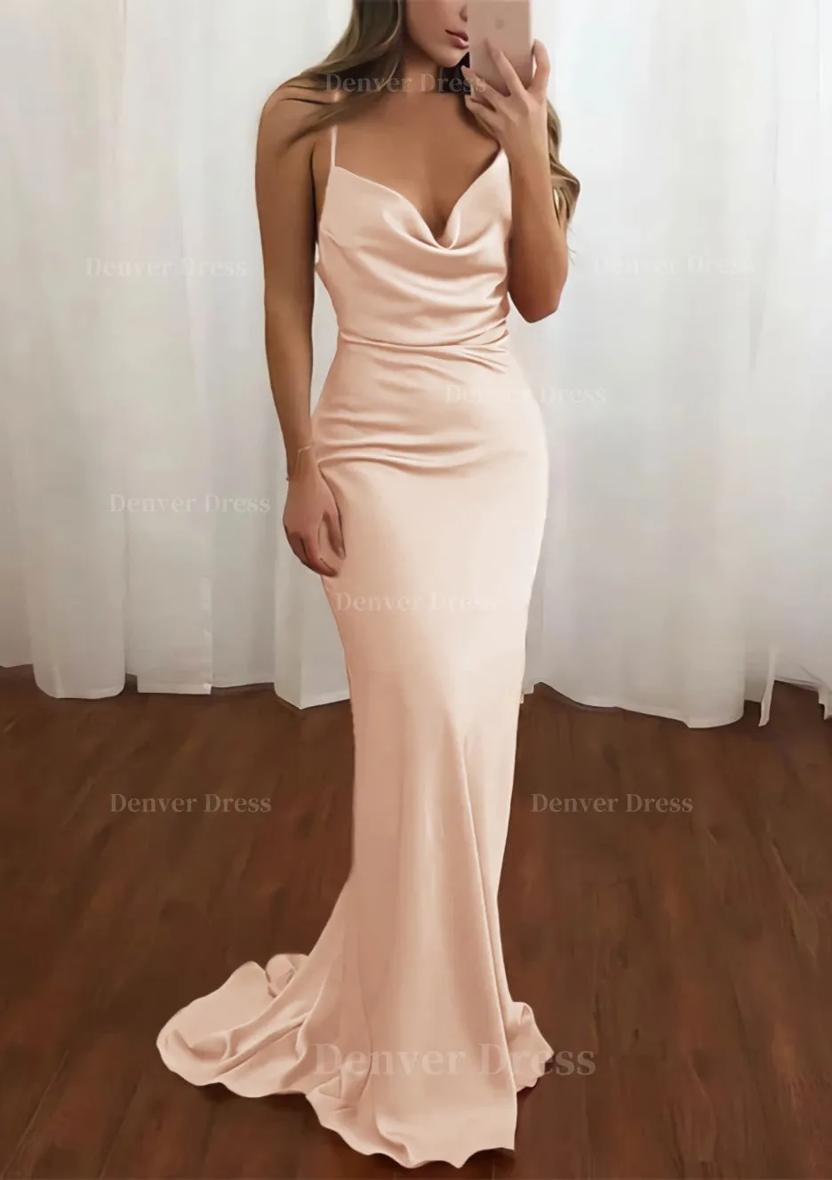 Sheath/Column Cowl Neck Spaghetti Straps Sweep Train Satin Prom Dress