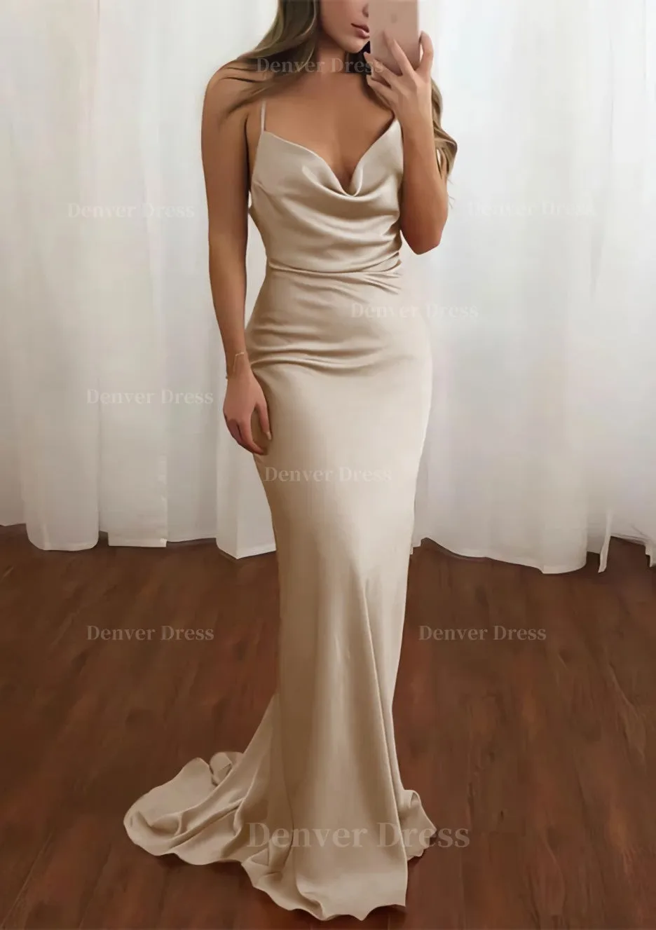 Sheath/Column Cowl Neck Spaghetti Straps Sweep Train Satin Prom Dress