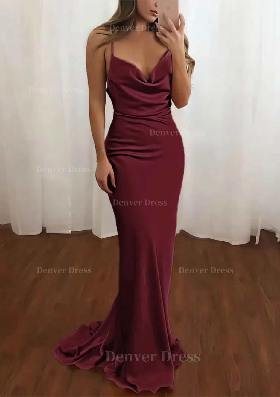 Sheath/Column Cowl Neck Spaghetti Straps Sweep Train Satin Prom Dress