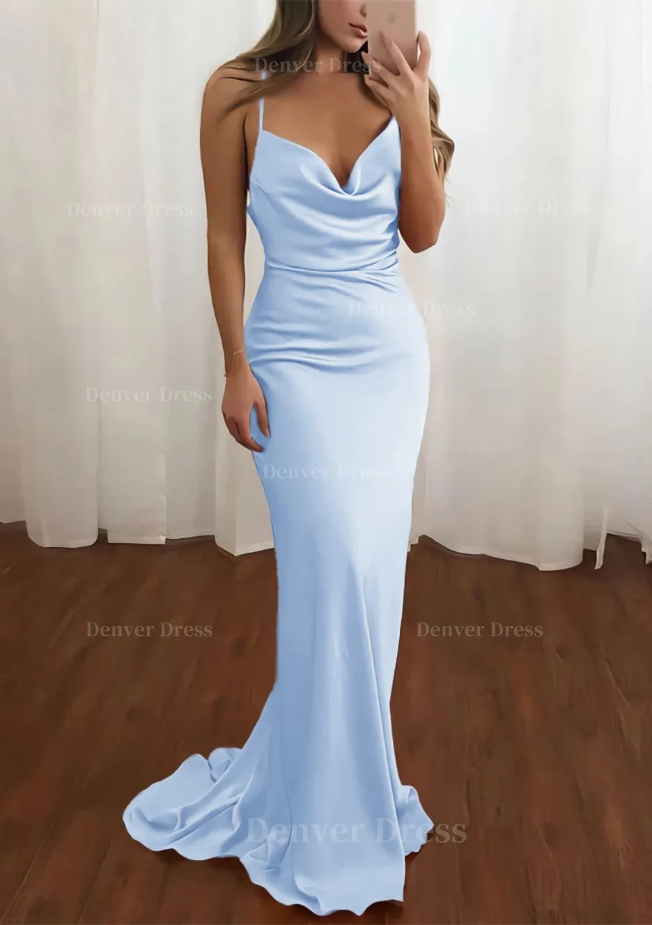 Sheath/Column Cowl Neck Spaghetti Straps Sweep Train Satin Prom Dress