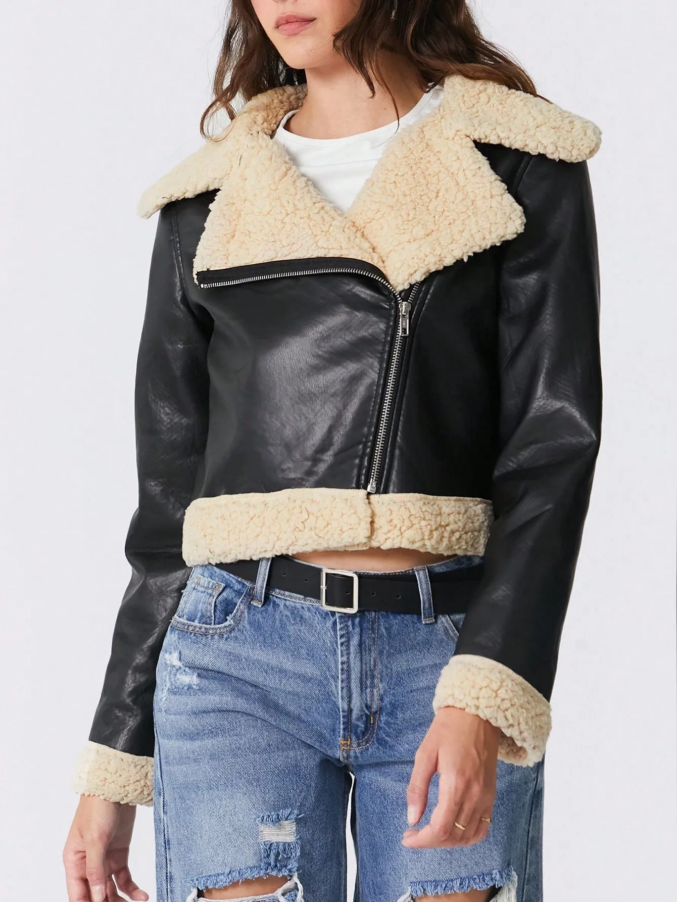 SHEIN EZwear 1pc Teddy Lined PU Leather Sleeve Crop Jacket