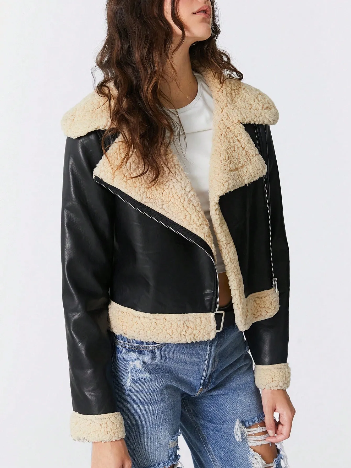 SHEIN EZwear 1pc Teddy Lined PU Leather Sleeve Crop Jacket