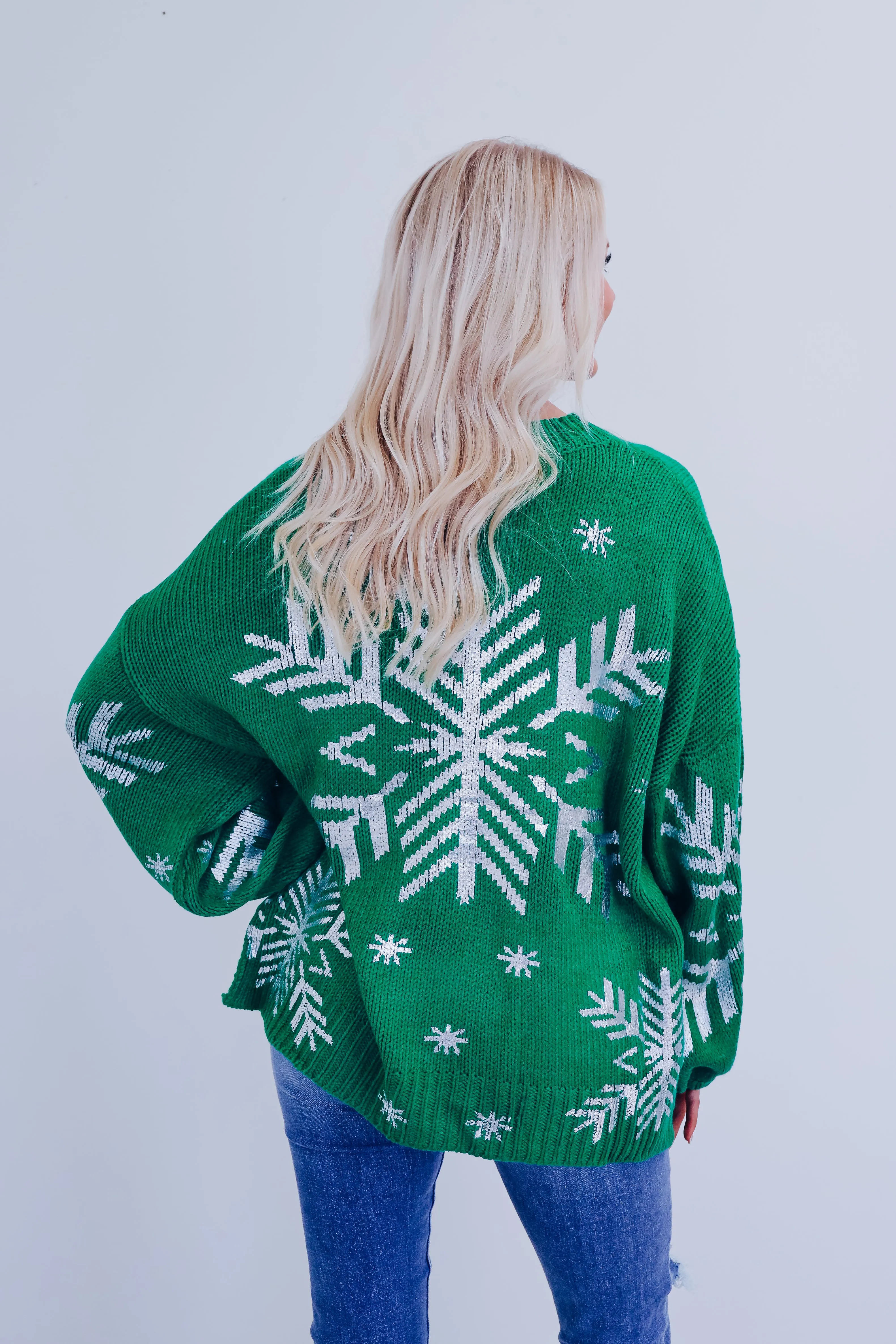 Shimmering Snowflake Side Slit Sweater - Green