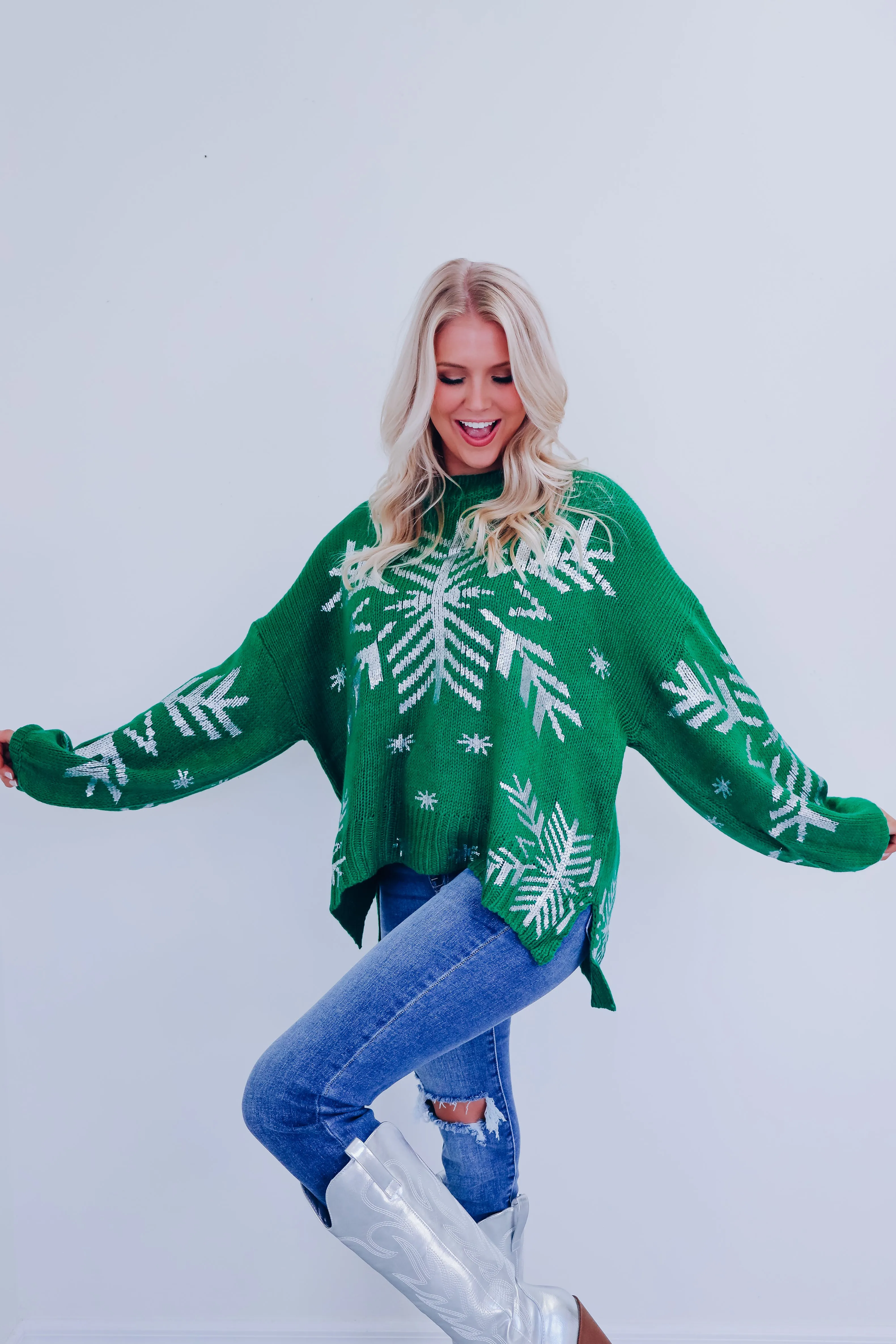 Shimmering Snowflake Side Slit Sweater - Green