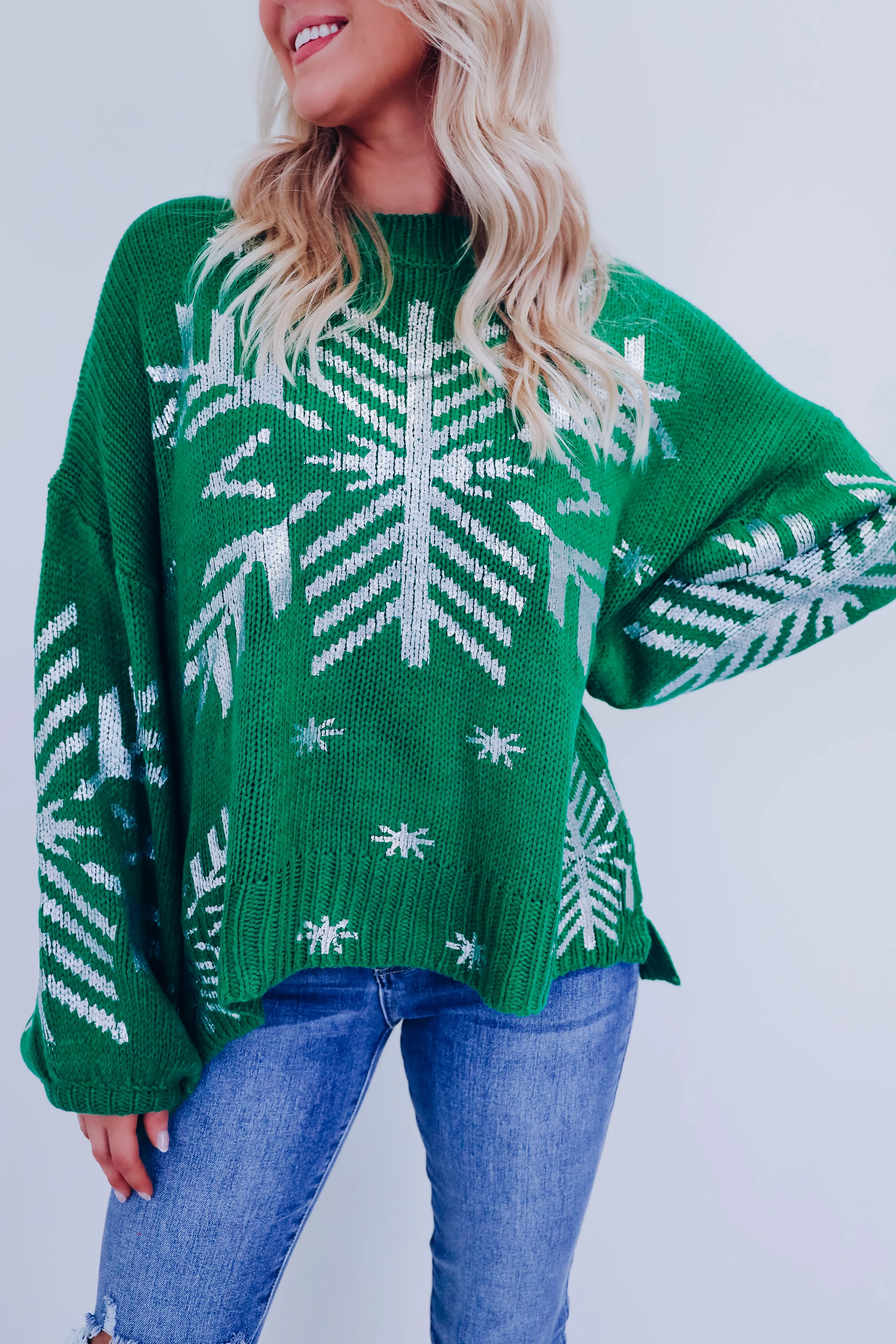 Shimmering Snowflake Side Slit Sweater - Green