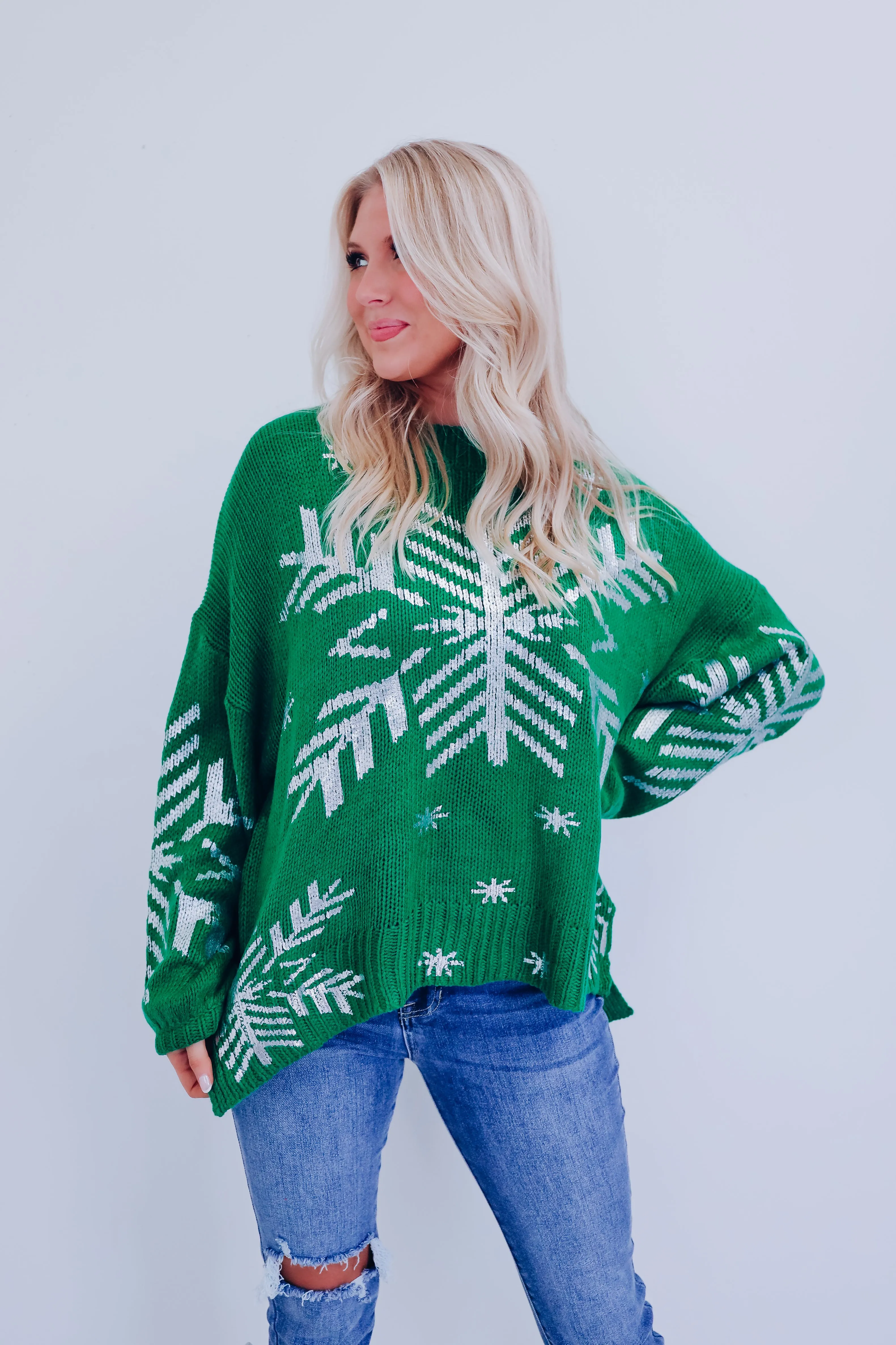 Shimmering Snowflake Side Slit Sweater - Green