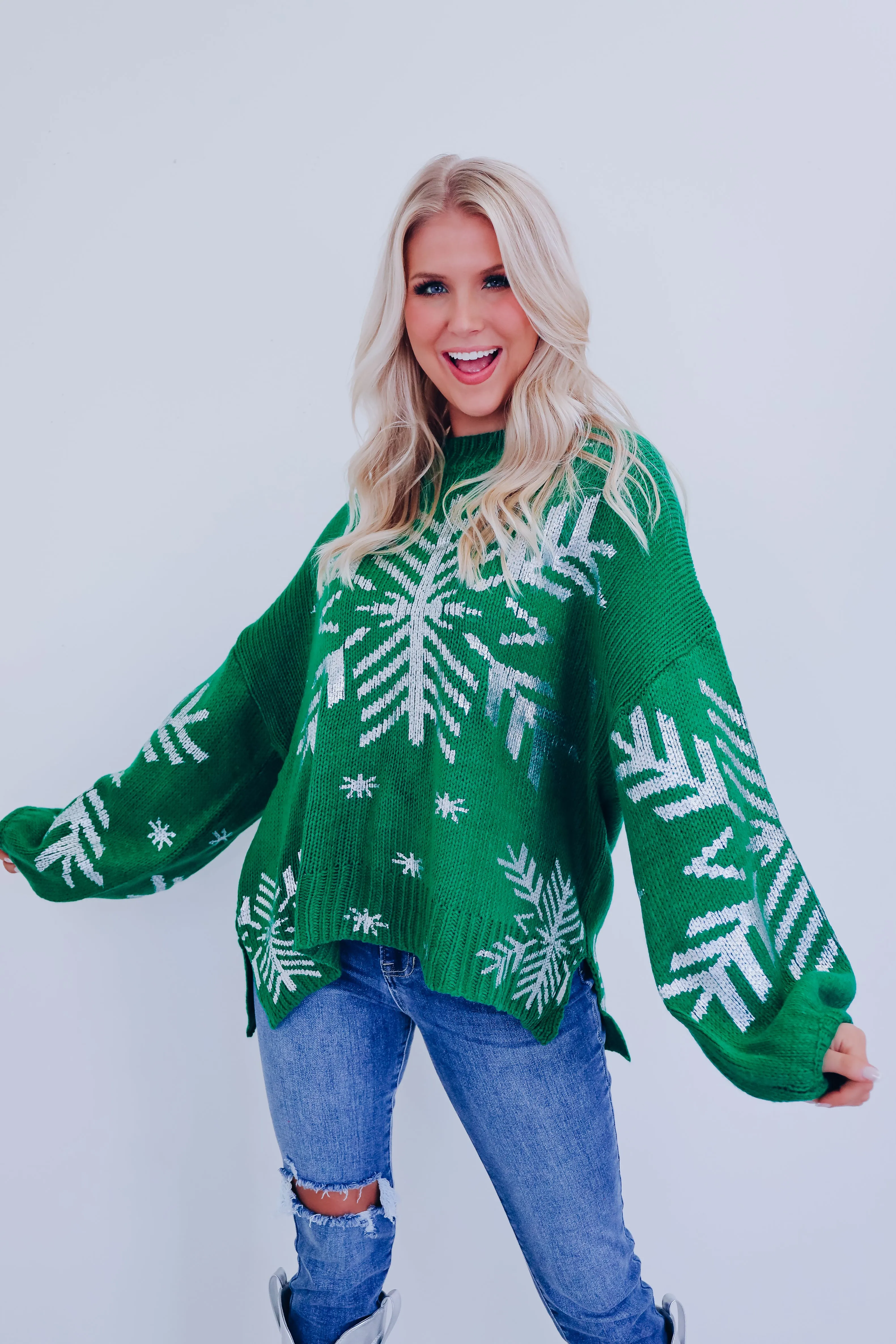 Shimmering Snowflake Side Slit Sweater - Green