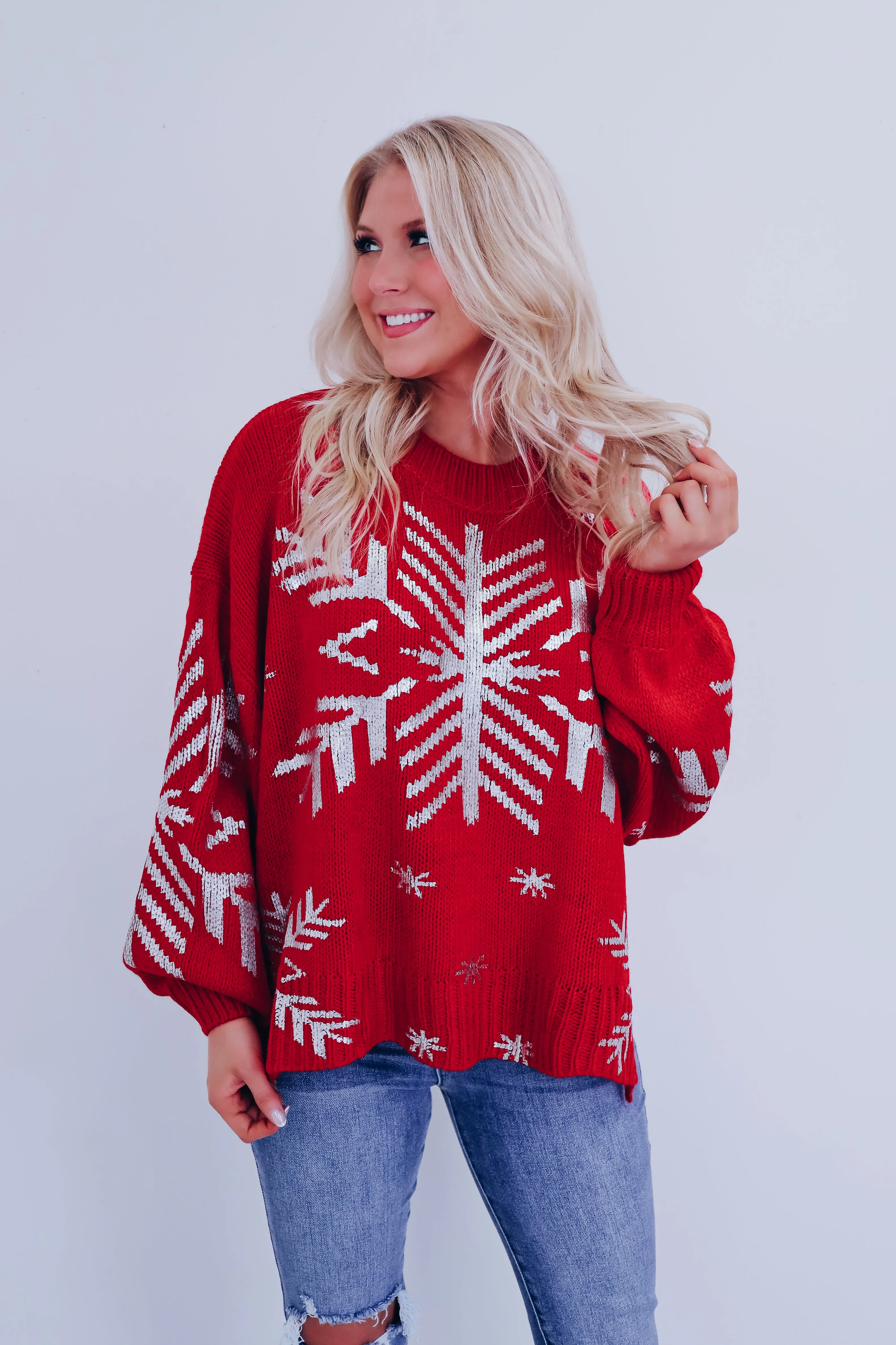 Shimmering Snowflake Side Slit Sweater - Red