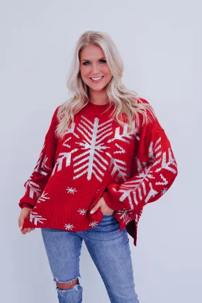 Shimmering Snowflake Side Slit Sweater - Red