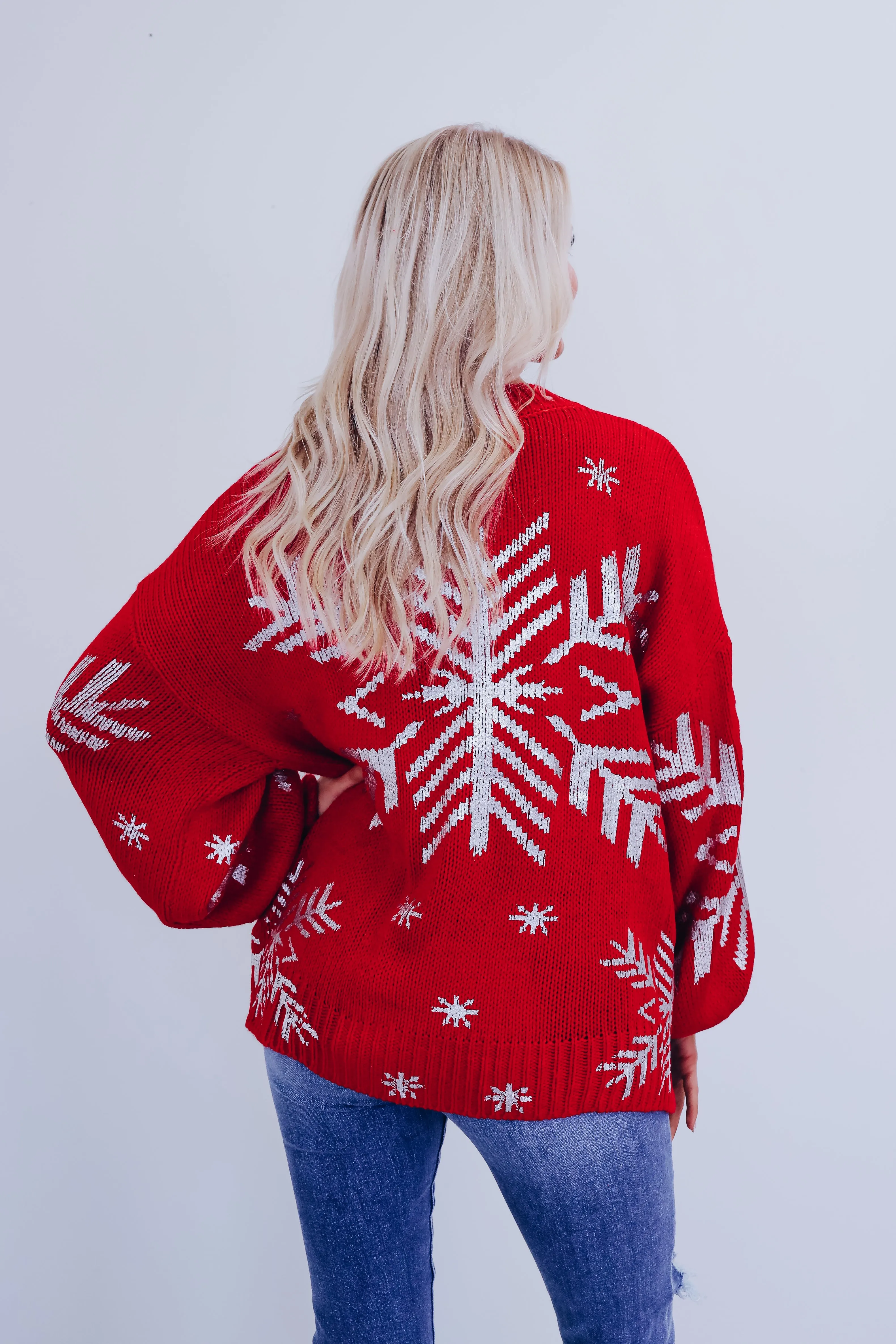 Shimmering Snowflake Side Slit Sweater - Red