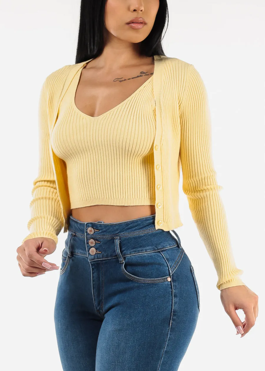 Sleeveless Crop Top & Cardigan Sweater Yellow (2 PCE SET)