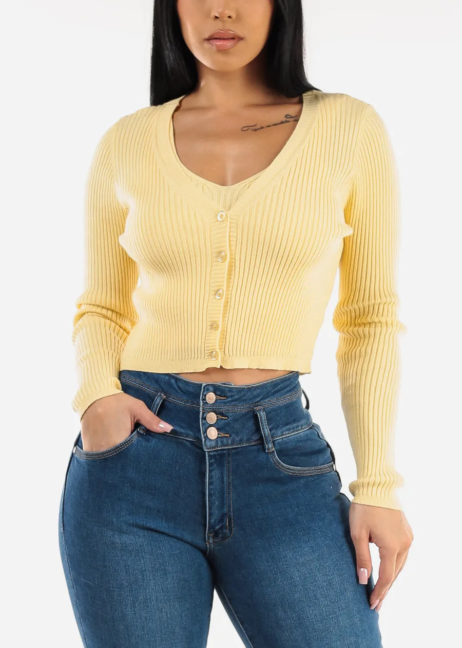 Sleeveless Crop Top & Cardigan Sweater Yellow (2 PCE SET)