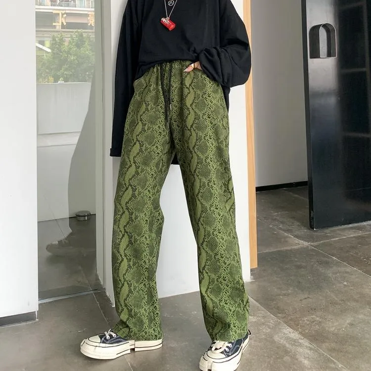 Snake Print Elastic Waist Oversized Pants