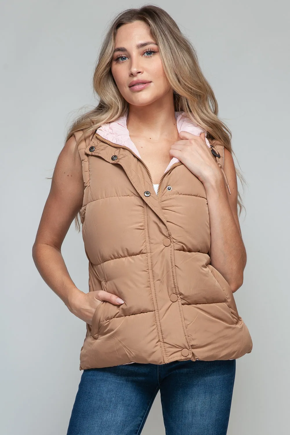 Snap and Zip Closure Hooded Vest | Camel