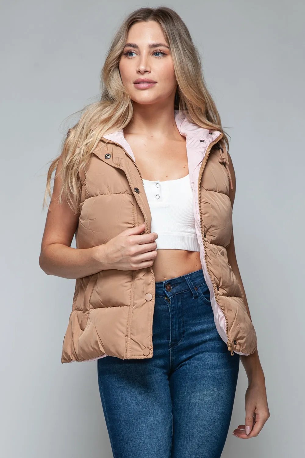 Snap and Zip Closure Hooded Vest | Camel