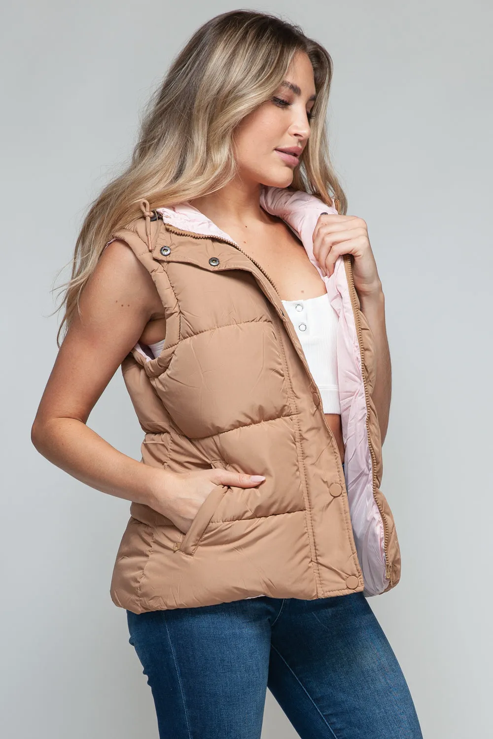 Snap and Zip Closure Hooded Vest | Camel