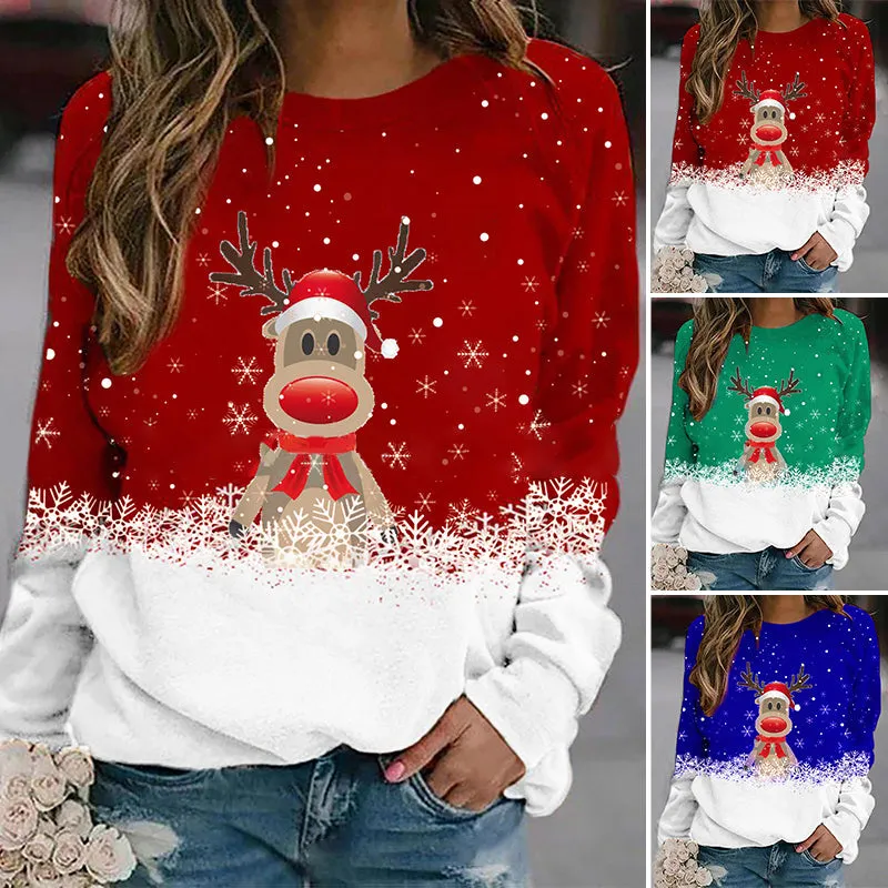 Snowflake Christmas Deer Print Crewneck Sweater