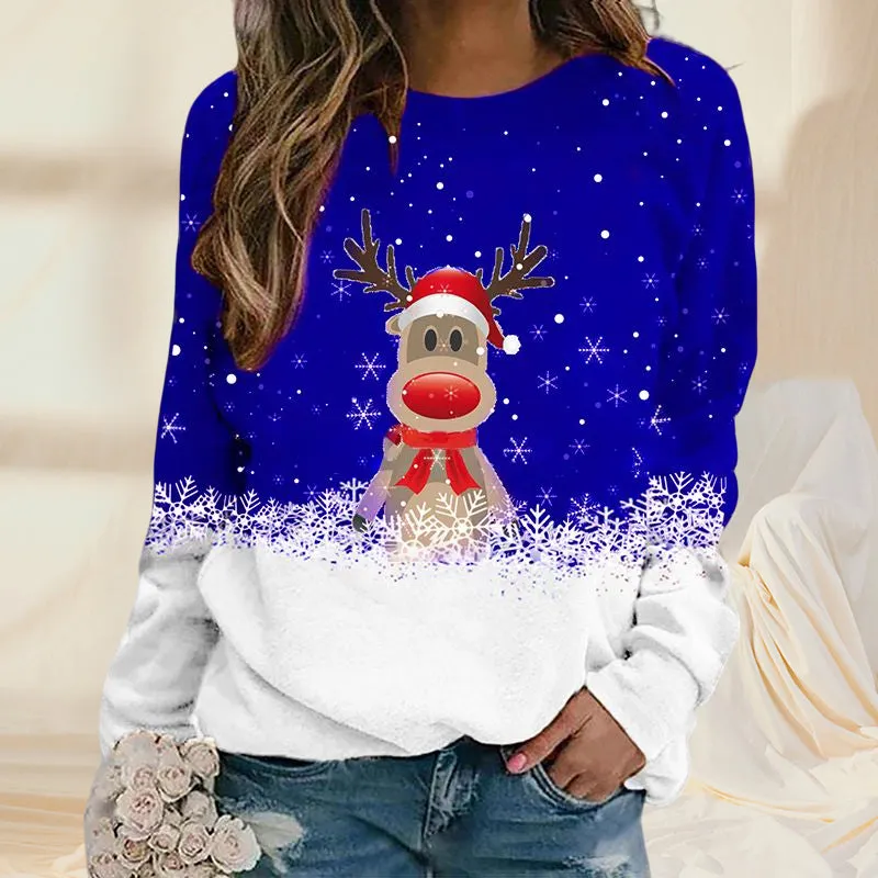 Snowflake Christmas Deer Print Crewneck Sweater