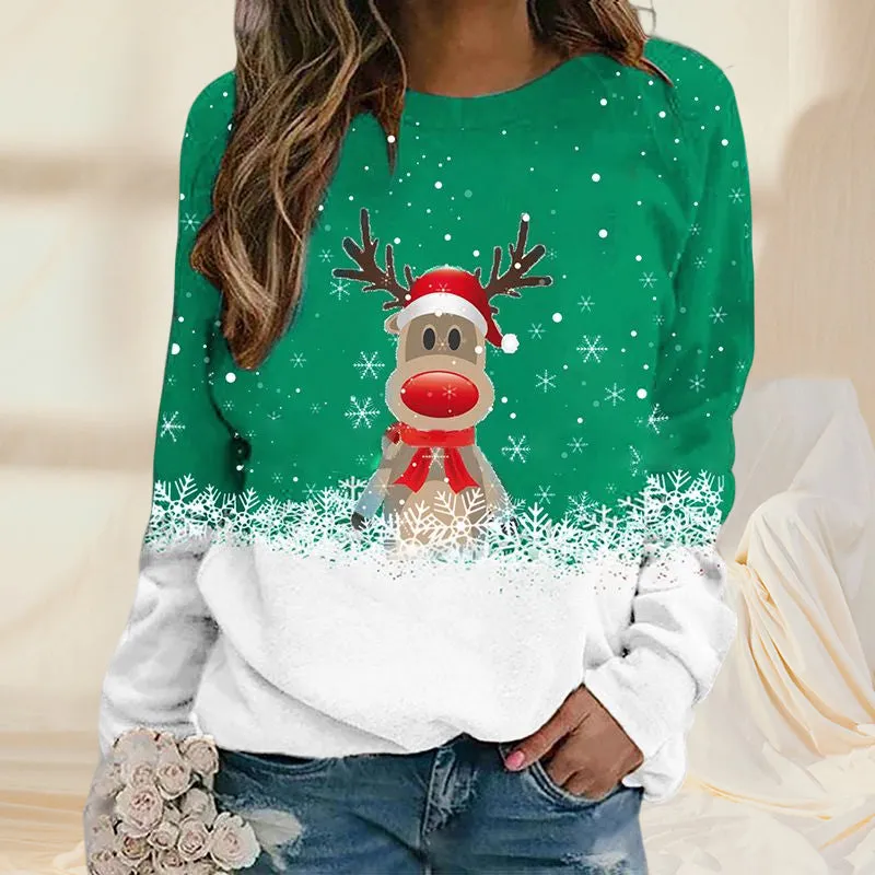 Snowflake Christmas Deer Print Crewneck Sweater