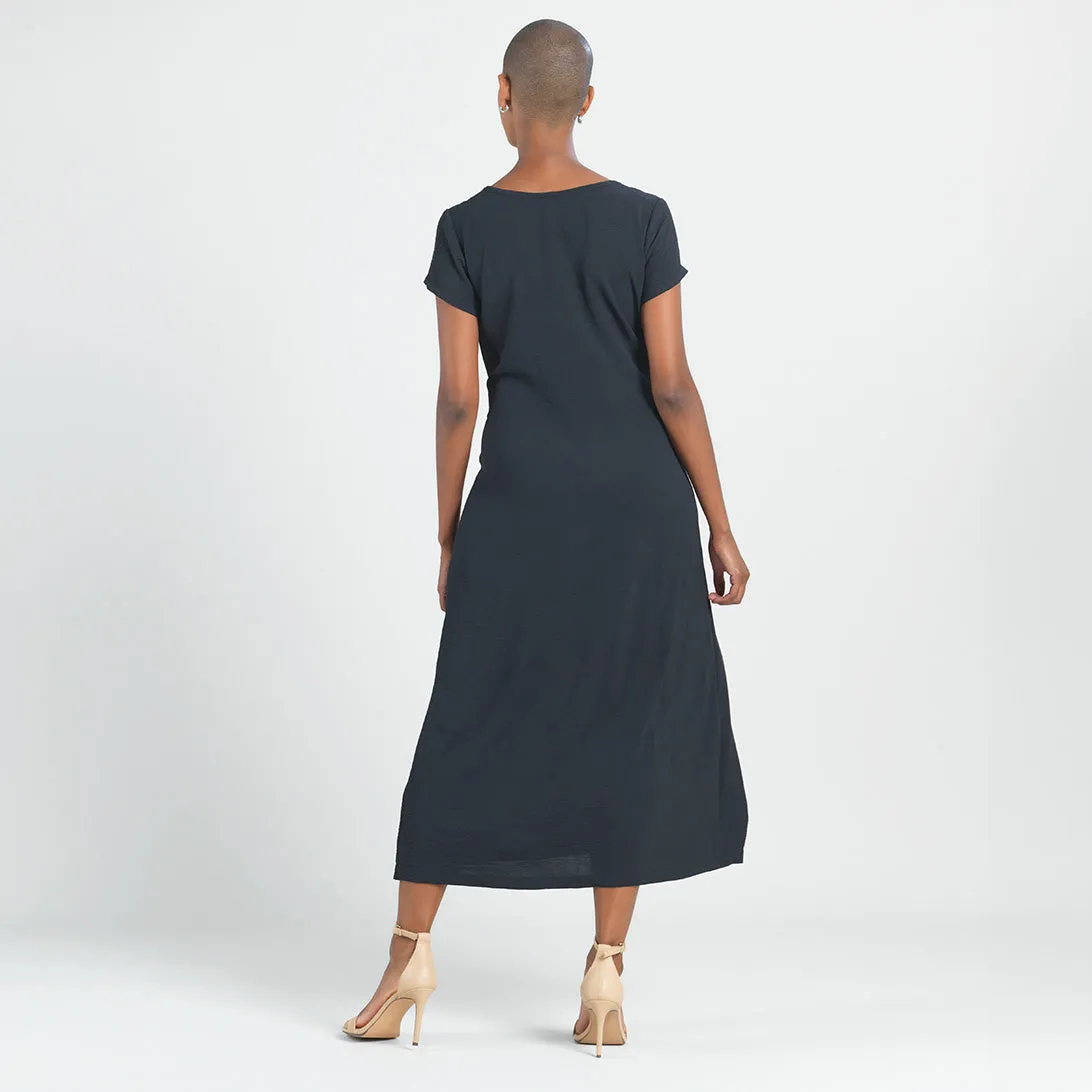 Soft Textured Rayon - Wrap Overlay Center Tie Midi Dress - Black - Final Sale!