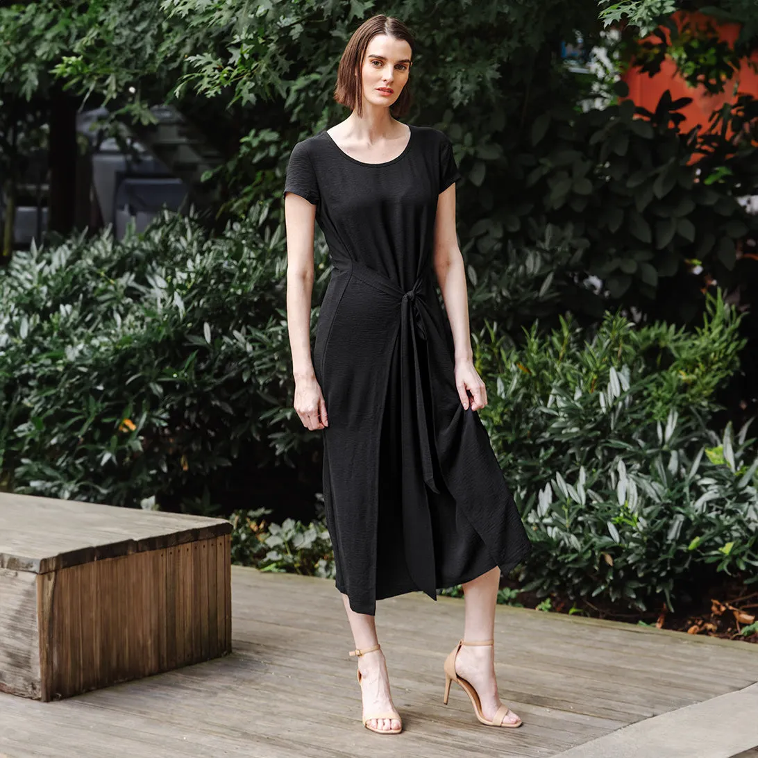 Soft Textured Rayon - Wrap Overlay Center Tie Midi Dress - Black - Final Sale!