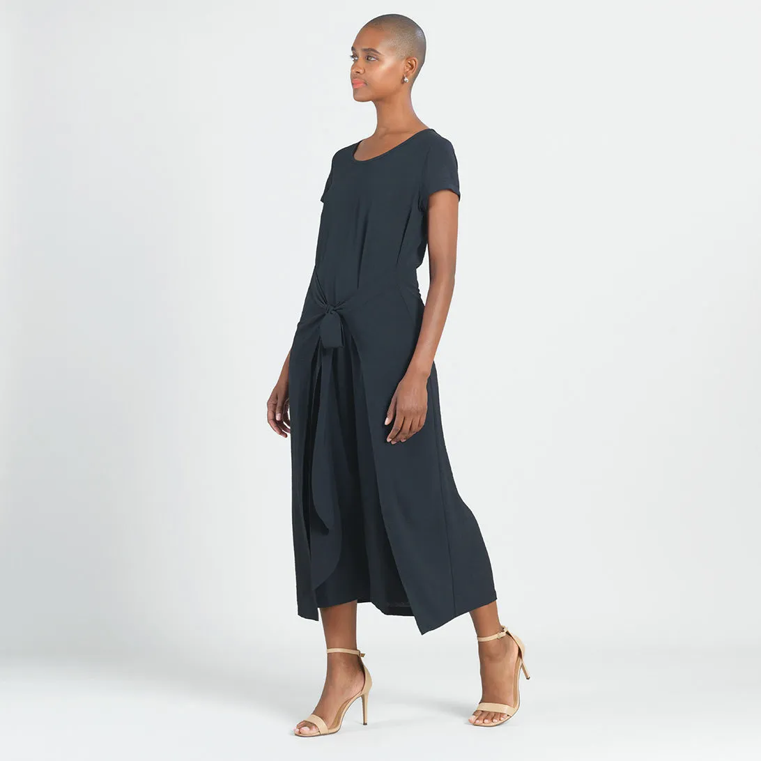 Soft Textured Rayon - Wrap Overlay Center Tie Midi Dress - Black - Final Sale!