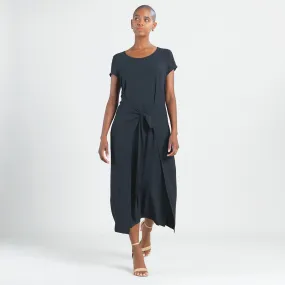 Soft Textured Rayon - Wrap Overlay Center Tie Midi Dress - Black - Final Sale!