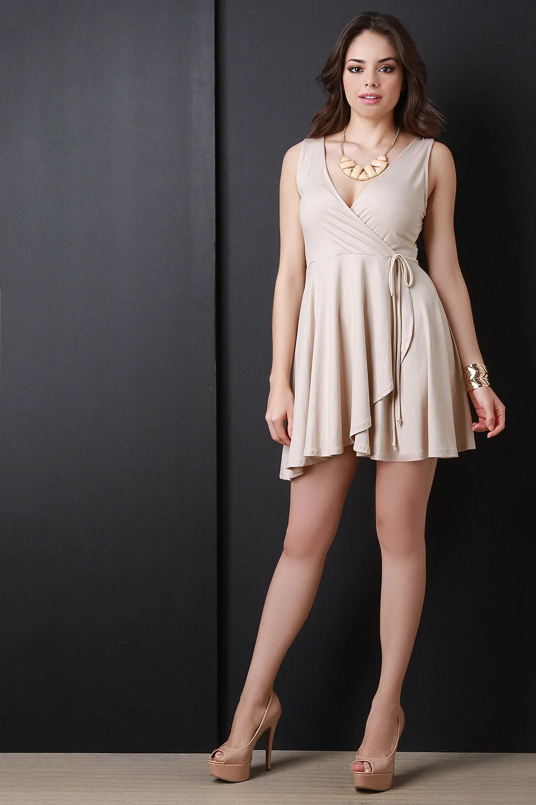 Solid Surplice Wrap Mini Dress