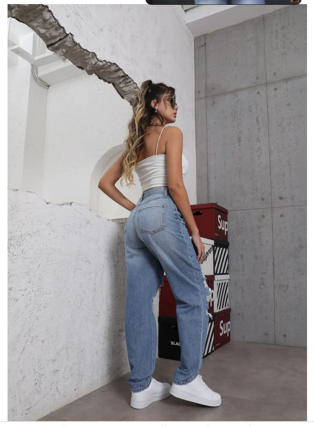 Spring Women Jeans Street Straight Leg Pants Ripped Slimming Trousers