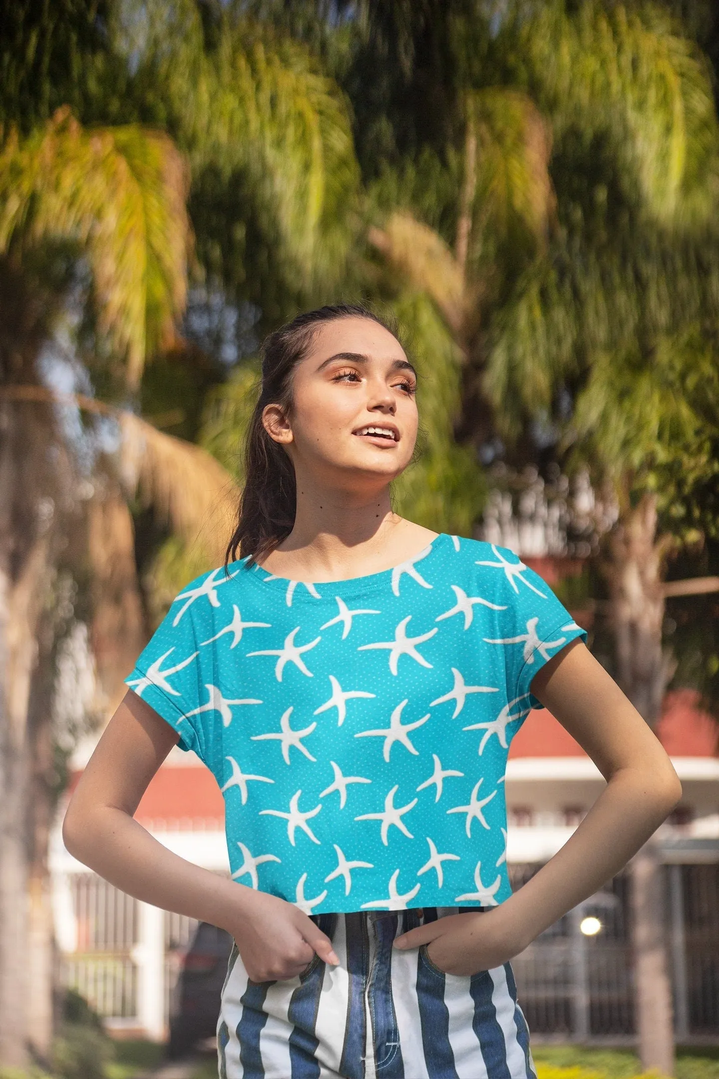 Stay Cool and Stylish: Summer Blue Crop Tee - Trendy, Casual, and Comfortable! Crop tee with Coral designs, Fashionable and Fun Crop Tee