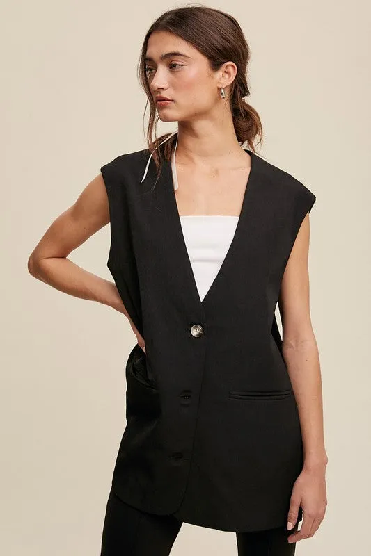 Tailored Oversized Long Vest - Black