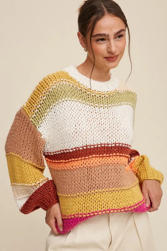 TEEK - Brick Multi Mixed Knit Slouchy Hand Crochet Sweater