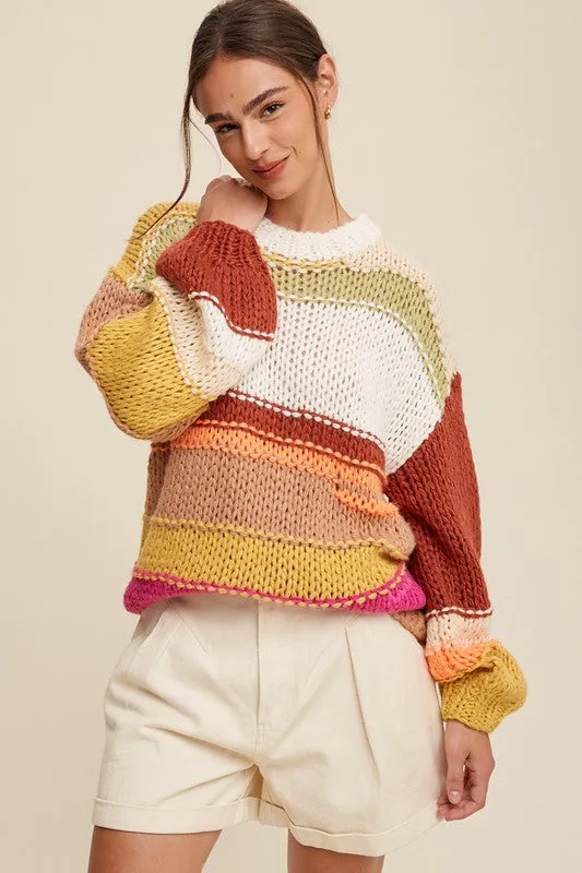 TEEK - Brick Multi Mixed Knit Slouchy Hand Crochet Sweater