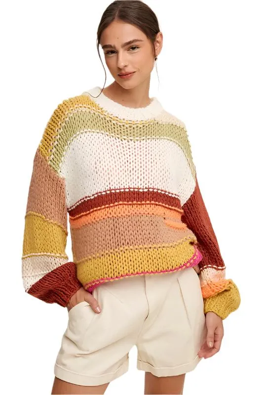 TEEK - Brick Multi Mixed Knit Slouchy Hand Crochet Sweater