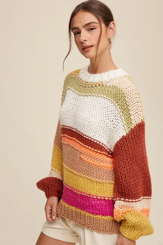 TEEK - Brick Multi Mixed Knit Slouchy Hand Crochet Sweater