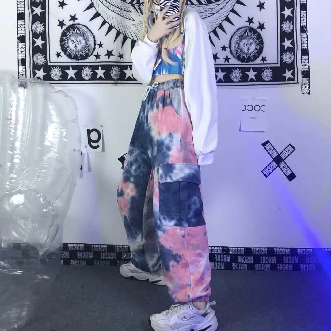 Tie Dye Elastic Waist Oversized Pants With Pockets