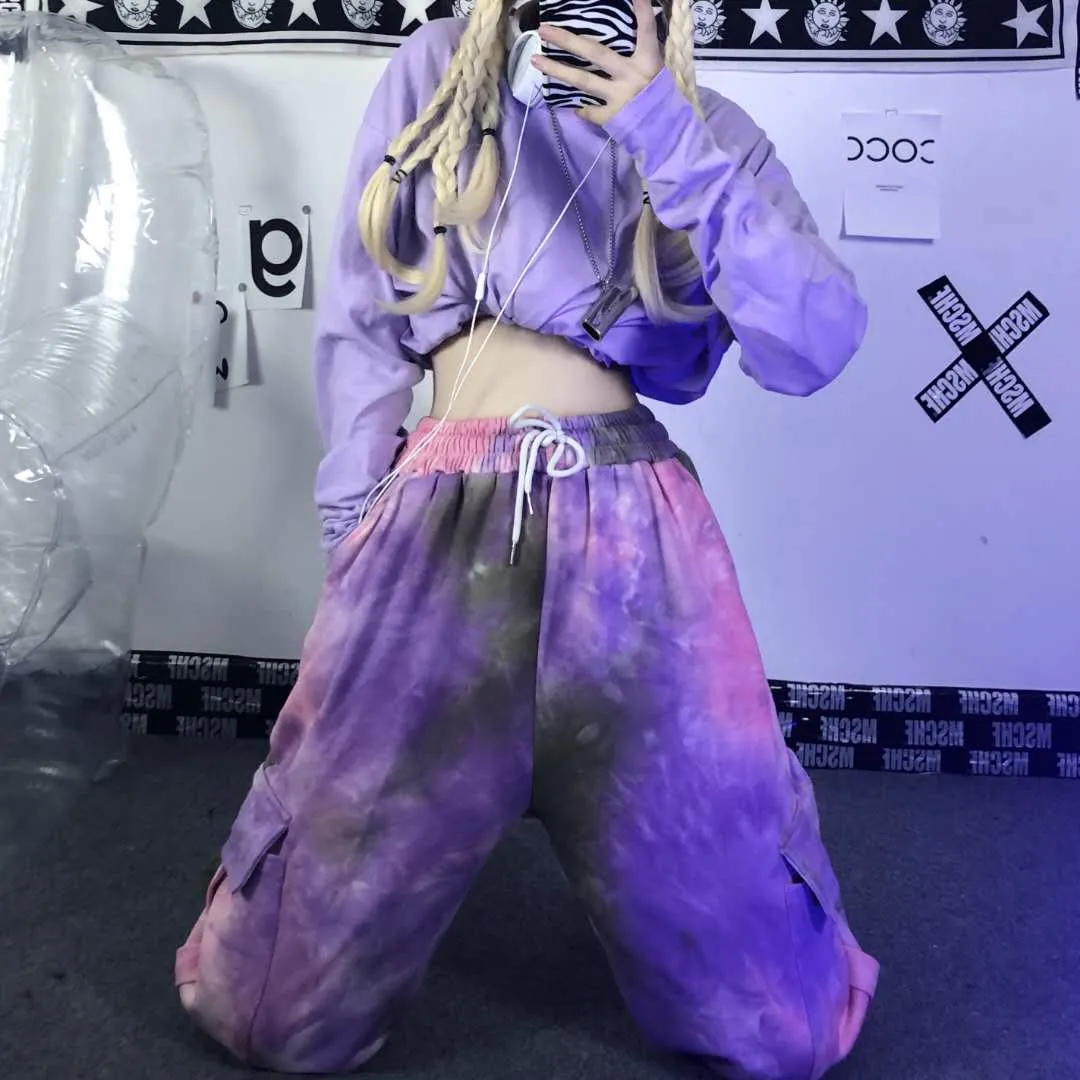 Tie Dye Elastic Waist Oversized Pants With Pockets