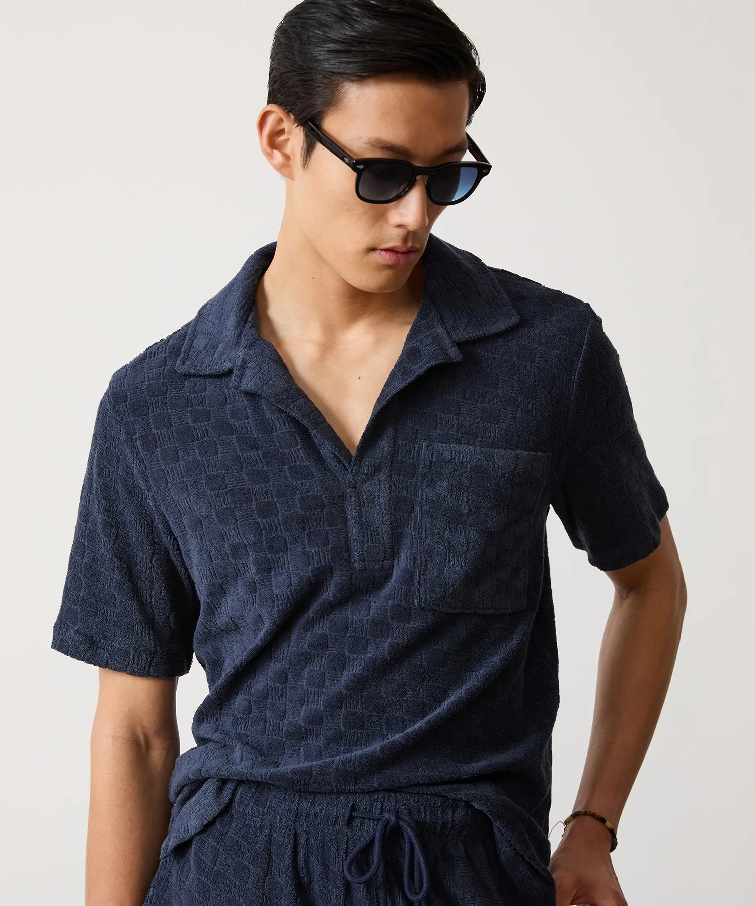 Tile Jacquard Terry Polo in Classic Navy