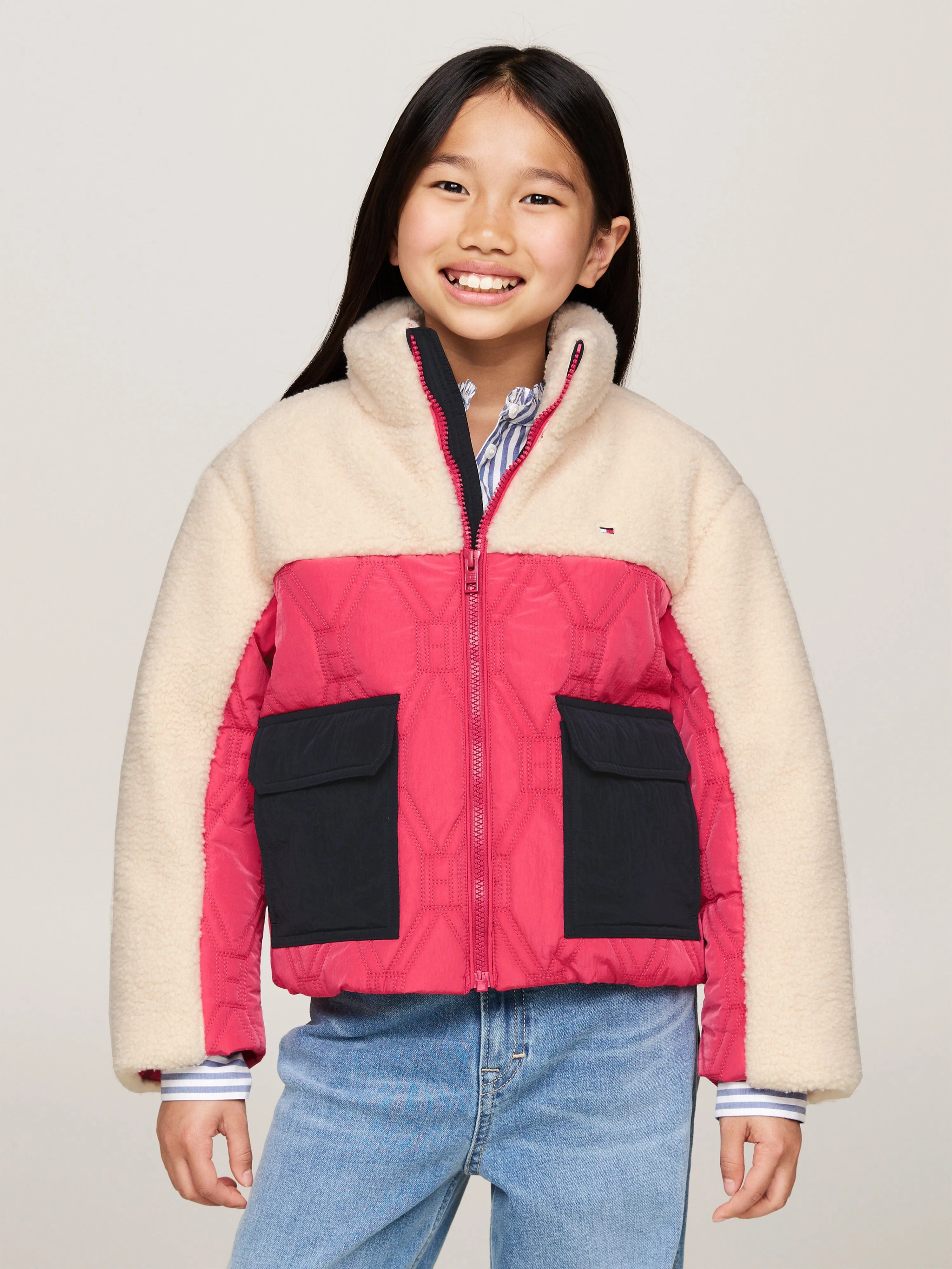 Tommy Hilfiger Girls Flag Quilted Teddy Jacket in Multicolour