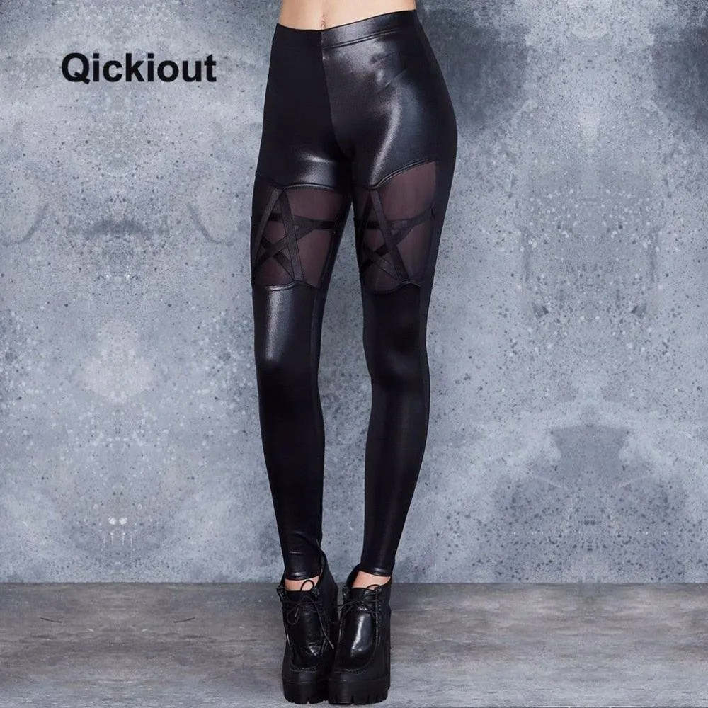 Trending Women High Waist Leggings Leather Pants - Sexy Costumes Stars Stitching Pants (TBL)