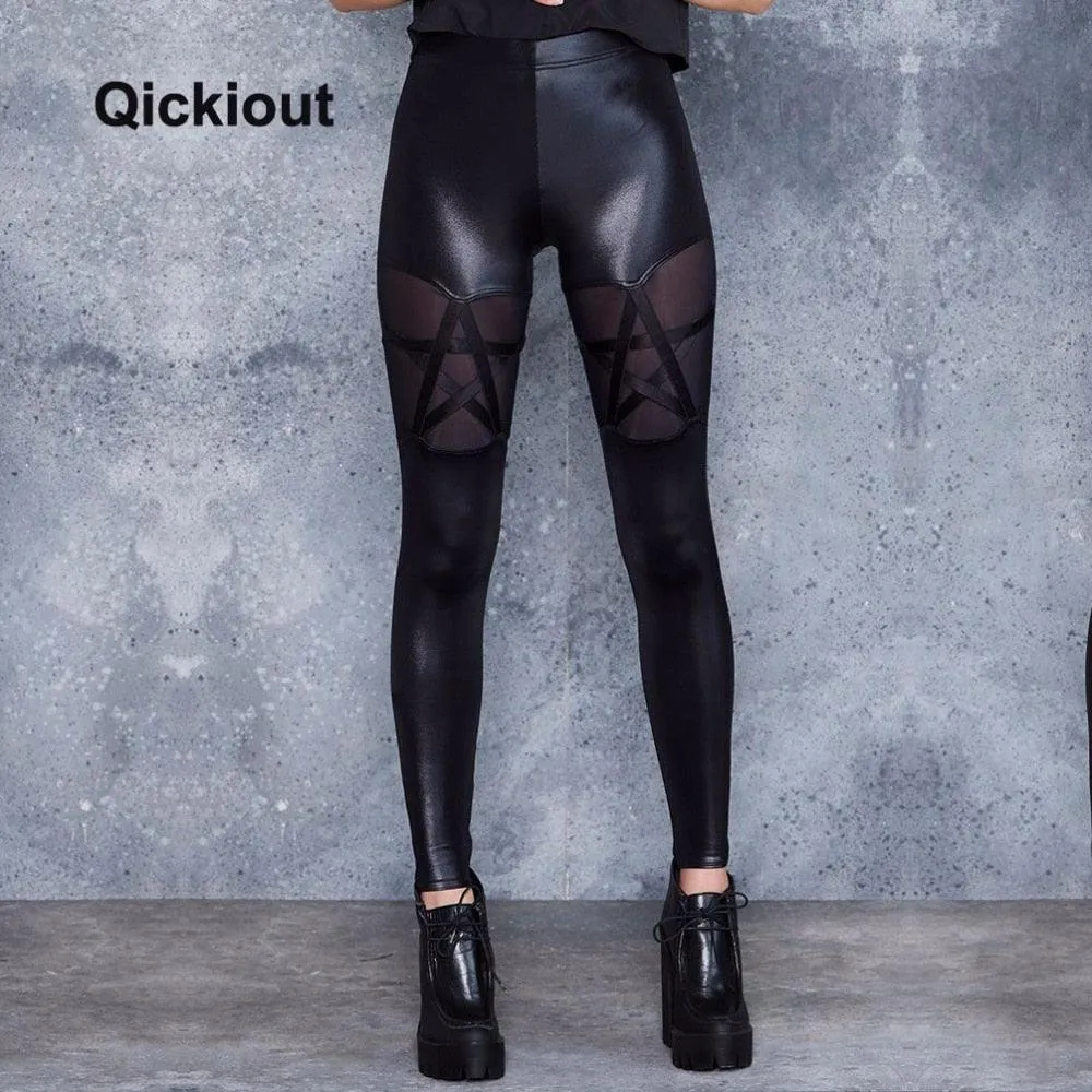 Trending Women High Waist Leggings Leather Pants - Sexy Costumes Stars Stitching Pants (TBL)